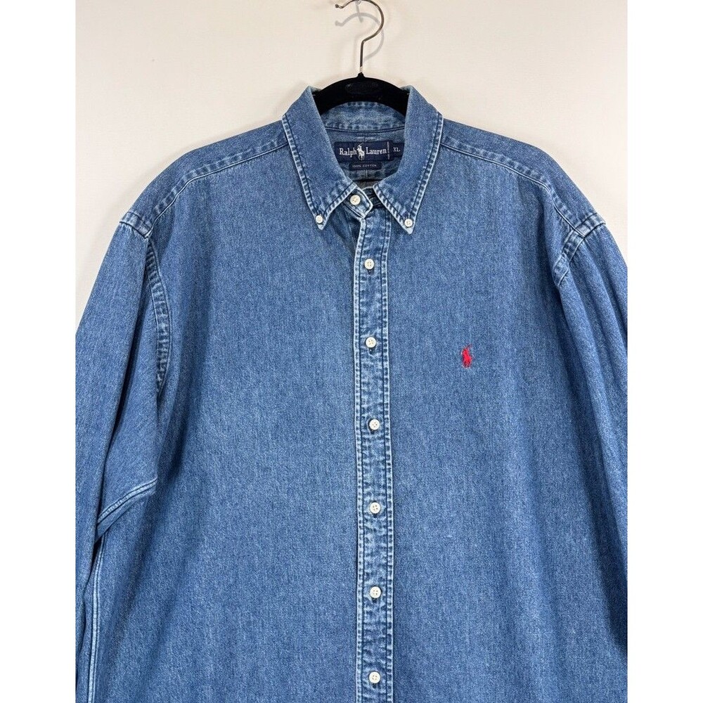 VINTAGE Ralph Lauren Mens Denim Shirt Blue Button Down Long Sleeve Pony 90s XL - Picture 6 of 10